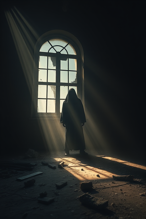 A dark, eerie room with scattered debris, a ghostly silhouette in front of a bright window, dramatic shadows and light rays filtering through dust, captured with a Canon EOS R5, 24mm lens, f/1.8, ISO 100, 1/60s, low angle view, cinematic style.