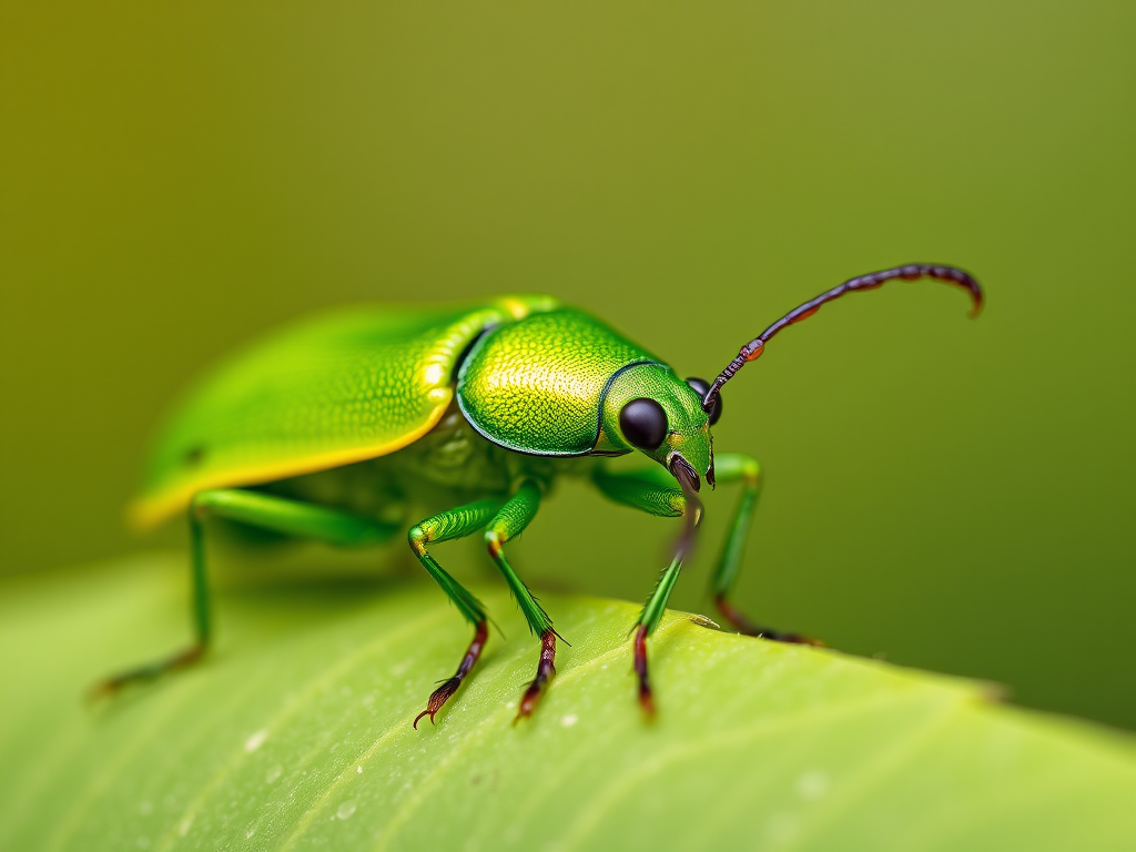macro shot of a vibrant green beetle perched on a leaf with a shallow depth of field, ISO 200, aperture f/2.8, shutter speed 1/250s, 100mm macro lens, natural light, DSLR camera