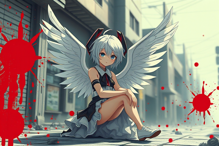 A stylized digital artwork of a character with white hair and wings, sitting amidst an abstract background of urban elements and splashes of red, shot with a full-frame DSLR camera at f/2.8, ISO 100, 50mm lens, using a cinematic view and a vibrant color palette for enhanced depth and saturation.
