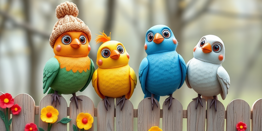 create a scene of 4 quirky  whimsical colourful comical birds each with a funny expression. they are sat on a wooden fence with colourful flowers. they are all different sizes. each one is a different colour  one is wearing a woolly hat. Each one has a different quirky google expression and there is a muted background of trees watercolour paintierly style high definition 8k resolution 3D paper mache