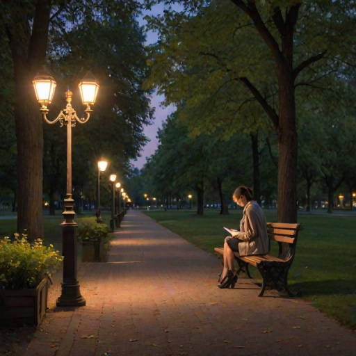 Quiet park at dusk, the soft glow of lamplights along the path, with a woman sitting on a bench, sketching in a notebook, surrounded by the peaceful evening air.