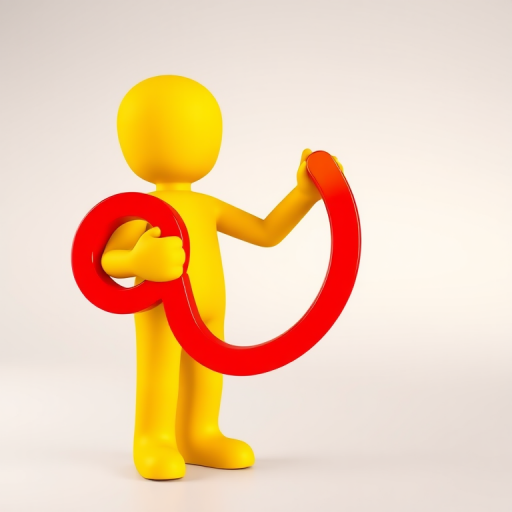 Create a 3D rendered image of a yellow stick figure holding a large red at symbol, using a Canon EOS 5D Mark IV, f/4 aperture, ISO 100, 50mm lens, with a soft focus background and high dynamic range lighting.