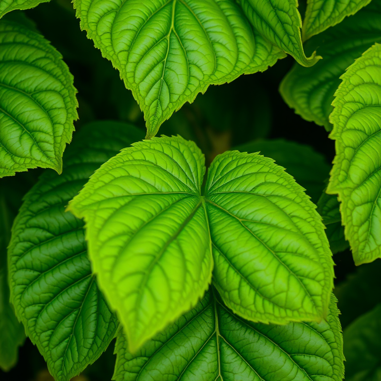 Capture a close-up shot of lush green leaves with rich textures and patterns, using a Canon EOS R5, 50mm lens, aperture f/2.8, ISO 100, and a shallow depth of field to enhance detail and contrast.