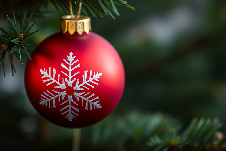 Close-up shot of a red Christmas ornament with a snowflake design hanging on a pine tree, shallow depth of field, 50mm lens, f/2.8 aperture, ISO 100, natural light, DSLR camera, macro photography style.