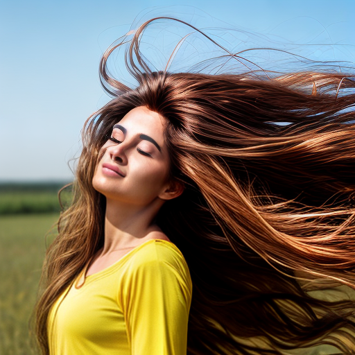 A woman with beautiful long golden-brown hair flowing in the wind