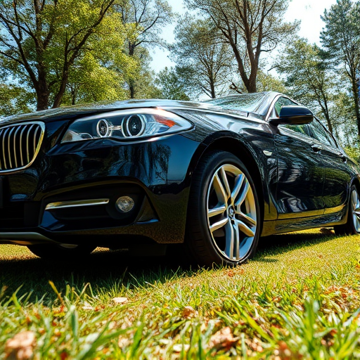 Capture a low-angle shot of a black sedan parked on grass with trees in the background, using a DSLR camera with a 35mm lens, aperture set to f/2.8 for shallow depth of field, ISO 400 for brightness, and shutter speed of 1/200 sec to freeze motion in daylight.