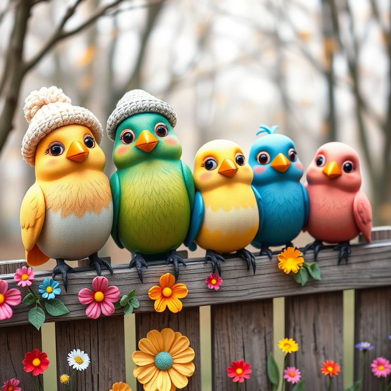 create a scene of 4 quirky  whimsical colourful comical birds each with a funny expression. they are sat on a wooden fence with colourful flowers. they are all different sizes. each one is a different colour  one is wearing a woolly hat. Each one has a different quirky google expression and there is a muted background of trees watercolour paintierly style high definition 8k resolution 3D paper mache
