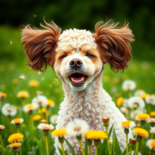 An expressive image of a poodle dog in a comedic situation where it appears to be sneezing. The dog's eyes are squeezed shut, and its ears flap as the force of the sneeze is illustrated. Mouth slightly open, visible sneeze particles flying in the air. In the background, a lush green field full of seed head dandelions.