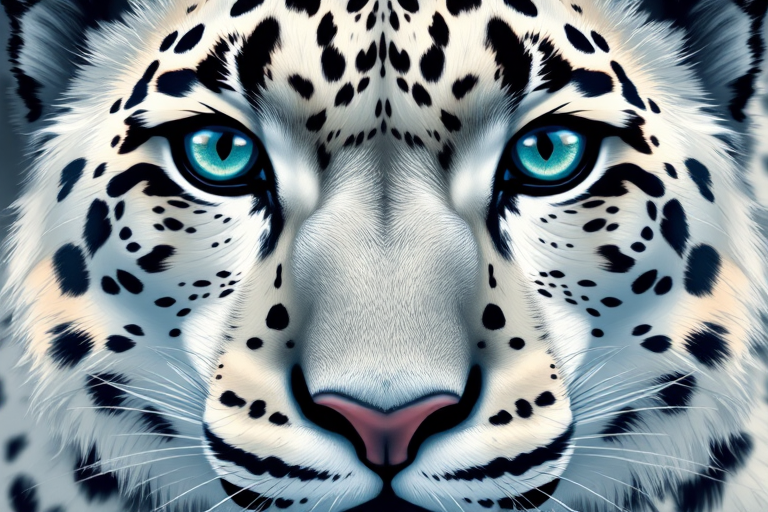 Create a high-resolution illustration of a snow leopard's face featuring vivid blue eyes and intricate fur details, using a digital drawing style, captured in a close-up view with a slight tilt, emulate a Canon EOS 5D Mark IV, aperture f/4, shutter speed 1/250s, ISO 100.