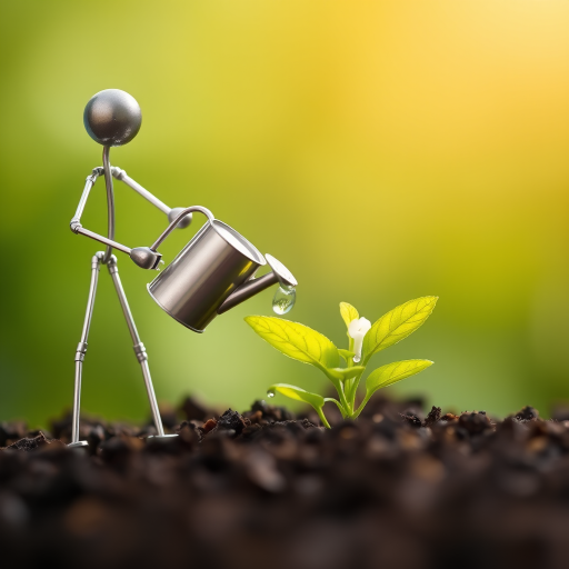 A metal figurine of a person, constructed from thin, silver rods, stands on the left side of the image, facing the viewer. The figurine is holding a small watering can and pouring water onto a young plant, with a few droplets in the air. The plant, with lush green leaves, is situated in the center, growing from dark soil. The background is a soft, out-of-focus blur of green, illuminated by warm, natural light.  The composition creates a sense of depth and intimacy. The image evokes feelings of growth, nurture, and hope.