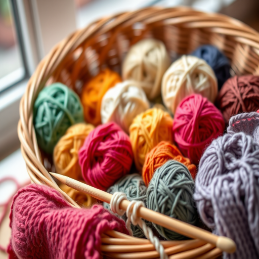 photograph of a neatly arranged pile of colorful yarn balls in a wicker basket with knitting needles and swatches in the foreground, soft natural light from a nearby window, shallow depth of field, focal length 50mm, aperture f/2.8, ISO 100, DSLR camera, soft focus background for a cozy atmosphere