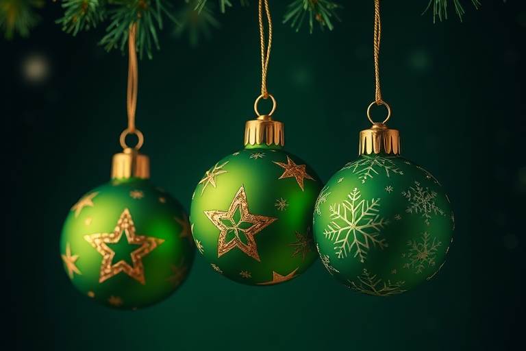 regenerate a festive Christmas scene with three green ornaments featuring gold star and snowflake patterns hanging against a deep green background, with subtle twinkling stars, use a DSLR camera, f/2.8 aperture, ISO 100, 50mm lens, shallow depth of field, soft focus, high resolution