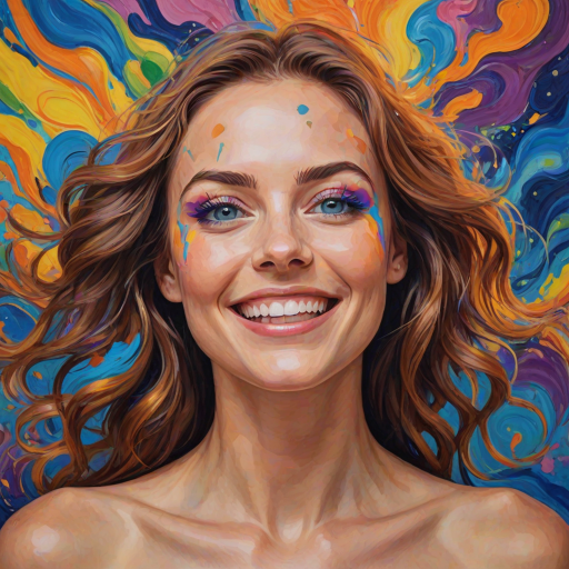 Generate a psychedelic portrait of a woman's happy face with brushstrokes of a woman smiling and looking up at the sky, emphasizing bright and bold colors. The dominant color should be deep blue, with swirling patterns of yellow, green, pink, purple and orange. open blue eyes with long eyelashes, apply an orange-yellow eyeshadow for a mesmerizing effect.