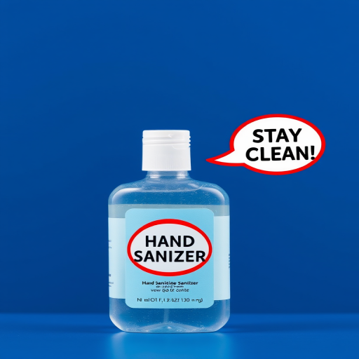 A hand sanitizer bottle with a light blue label and red circle saying "HAND SANITIZER" positioned against a dark blue background, featuring a speech bubble that says "STAY CLEAN", taken with a DSLR camera at f/5.6, ISO 100, 50mm lens, in a bright lighting setup for enhanced vibrancy.