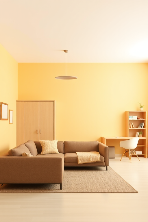 Create a minimalistic interior scene with a brown and yellow color scheme featuring a couch, a bed, a wardrobe, a desk, and a bookshelf, using a high-resolution digital camera with a 50mm lens at f/2.8, ISO 100, natural lighting, wide-angle view, and a focus on a clean aesthetic.