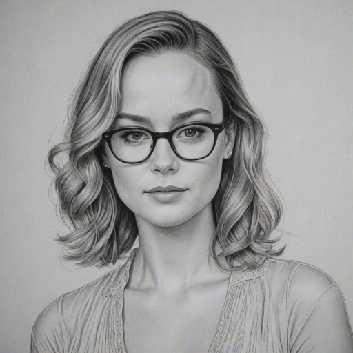 Captivating Brie Larson, pencil sketch, portrait of Alluring woman 1947s in glasses, hair style beatnik, outline, clear lines, fine lines, 8k