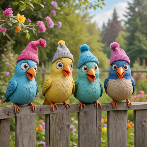 create a scene of 4 quirky  whimsical colourful comical birds each with a funny expression. they are sat on a wooden fence with colourful flowers. they are all different sizes. each one is a different colour  one is wearing a woolly hat. Each one has a different quirky google expression and there is a muted background of trees watercolour paintierly style high definition 8k resolution 3D paper mache