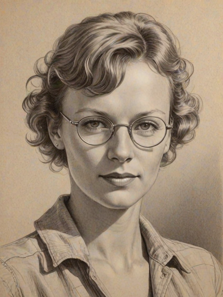 Charming Amelia Earhart, pencil sketch, portrait of Enchanting woman 1942s in glasses, hair style beatnik, outline, clear lines, fine lines, 8k