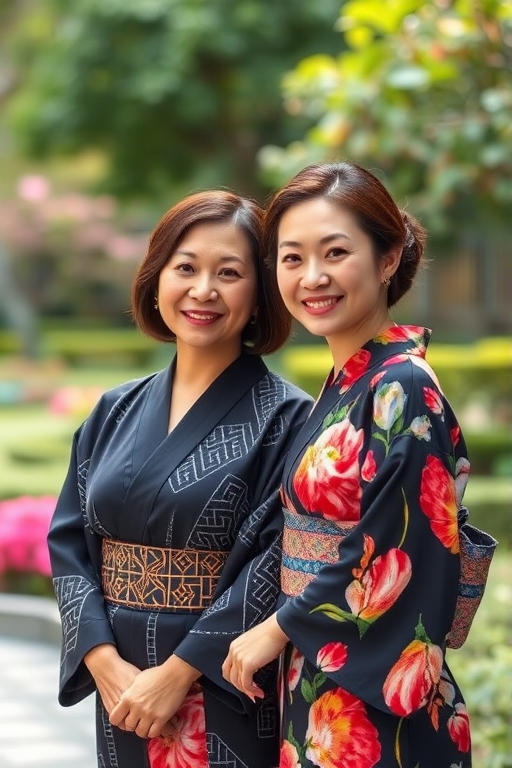 Portrait of two women in traditional kimonos, one in black with geometric patterns, the other in colorful floral design, smiling in a lush garden setting, captured with a Canon EOS R5, 50mm lens, aperture f/1.8, ISO 100, soft natural lighting, shallow depth of field to enhance background blur.