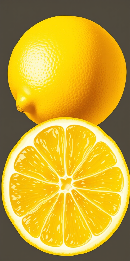A realistic illustration of a whole lemon and a sliced lemon with a green leaf, shot with a Canon EOS R5 camera, 50mm lens, f/2.8 aperture, ISO 100, in natural light to enhance color vibrancy and clarity.