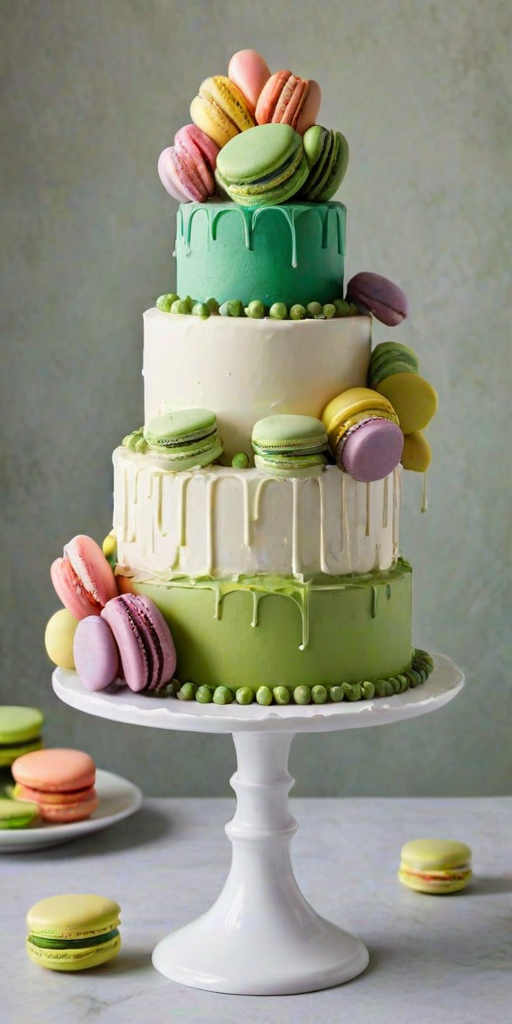 Create a three-tiered white cake with smooth, textured frosting. Decorate it with a cascade of colorful macarons in shades of green, yellow, pink, and purple flowing down one side. Ensure the background is elegant and complements the cake design.