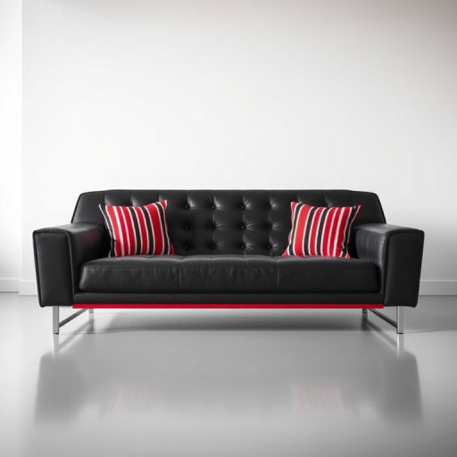 Create a high-resolution image of a modern, sleek black and red tufted sofa with two striped cushions, shot in a well-lit studio setting using a DSLR camera at f/2.8, ISO 100, and a 50mm lens for enhanced depth of field and clarity.