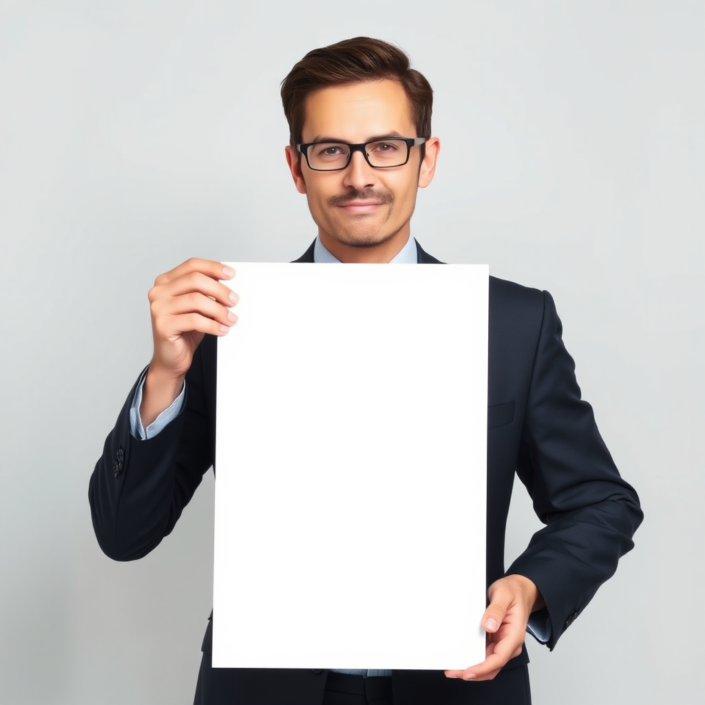 Create an image of a professional individual in a business suit, holding a large blank whiteboard in front of their face. The background should be neutral to emphasize the person and the blank board. Make sure the person's hands are visible, and they are positioned at mid-chest level, showcasing the blank space clearly.