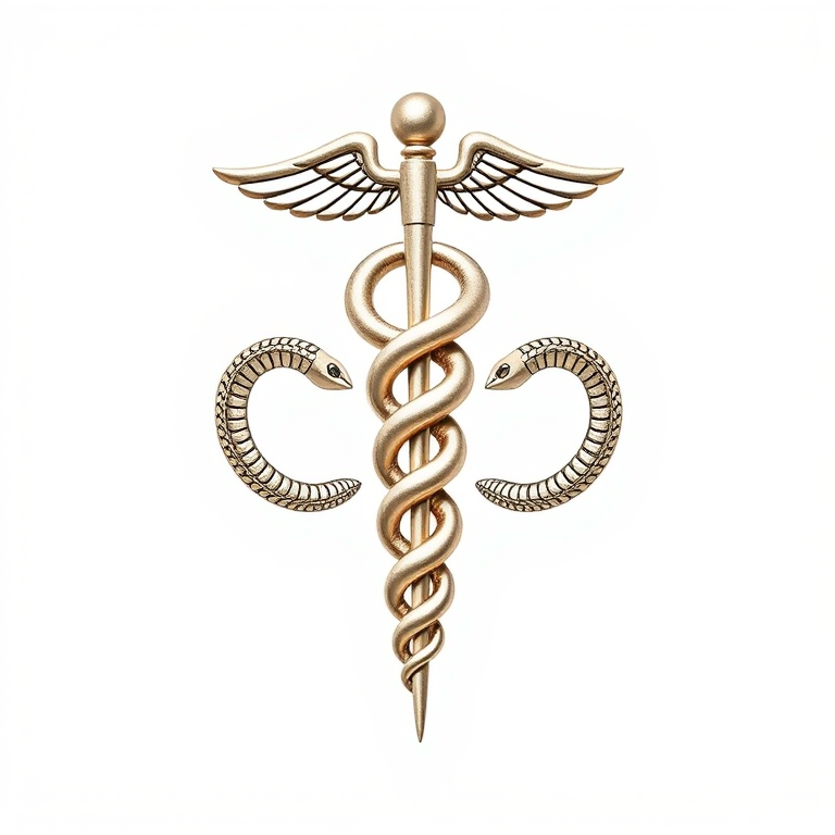 Create a detailed image of the caduceus symbol with two snakes entwined around a staff, set against a clean white background, 50mm lens, f/2.8 aperture, ISO 100, shot from a straight-on perspective to highlight the intricacies of the design, using a DSLR camera for high clarity and sharpness.