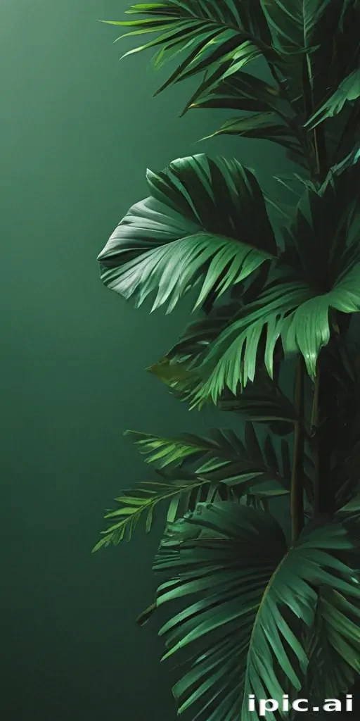 Lush Green Tropical Leaves Against a Deep Emerald Background in Nature