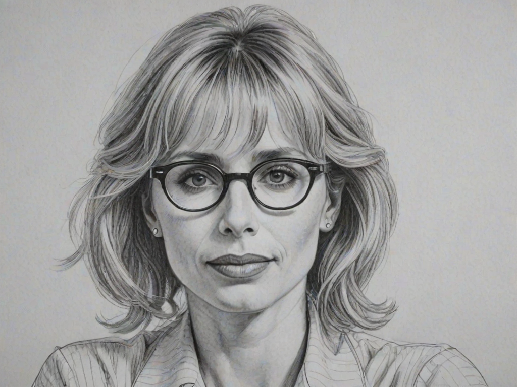 Comely Rosanna Arquette, pencil sketch, portrait of Splendid woman 1936s in glasses, hair style beatnik, outline, clear lines, fine lines, 8k