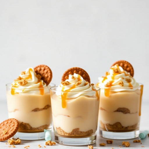 Create an image of three dessert cups layered with banana pudding whipped cream and crushed graham crackers topped with banana slices caramel drizzle and cookie crumbs in a bright setting.