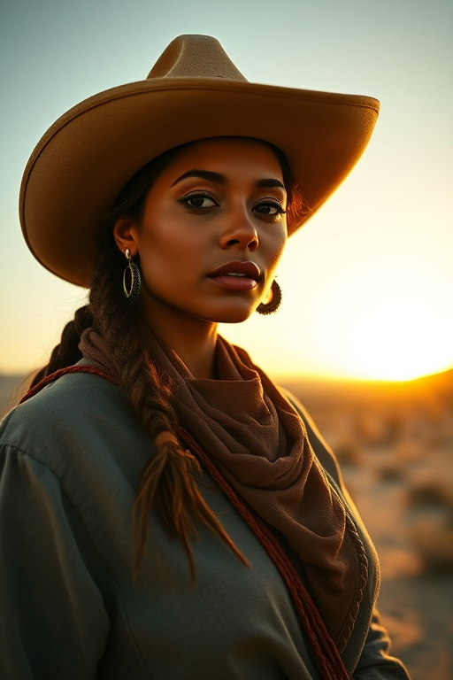 Dramatic photo of a beautiful Taino woman, classic cowboy attire, confident and free spirit expression, half-length portrait, centered, golden hour desert landscape, warm, diffused light, low angle, medium format film camera, in style of Annie Leibovitz.