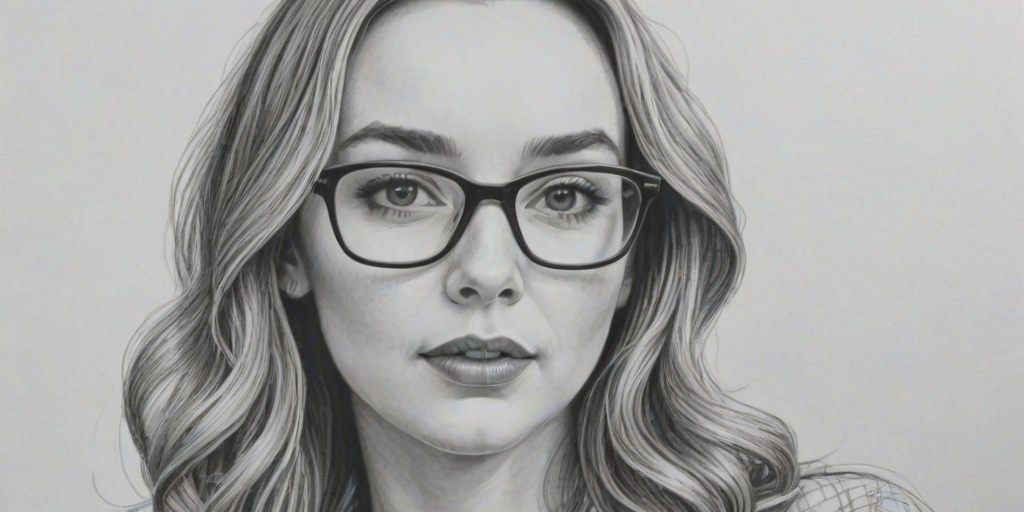 Delightful Jodie Comer, pencil sketch, portrait of Delightful woman 1978s in glasses, hair style beatnik, outline, clear lines, fine lines, 8k