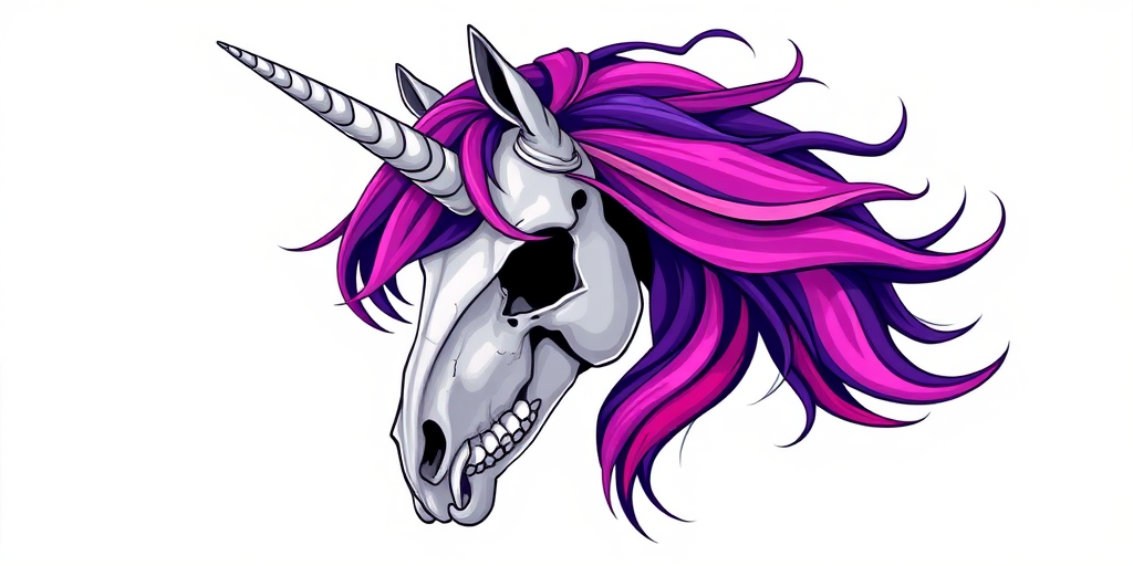 Regenerate a stylized illustration of a unicorn skull with vibrant purple and pink hair flowing, set against a soft gradient background, using a Canon EOS R5, 85mm f/1.2 lens, ISO 100, f/1.2 aperture, shooting in RAW format for high detail and color accuracy.