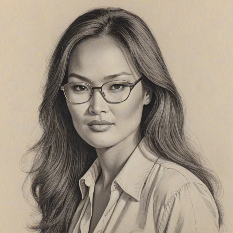 Captivating Tia Carrere, pencil sketch, portrait of Superb woman 1970s in glasses, hair style beatnik, outline, clear lines, fine lines, 8k