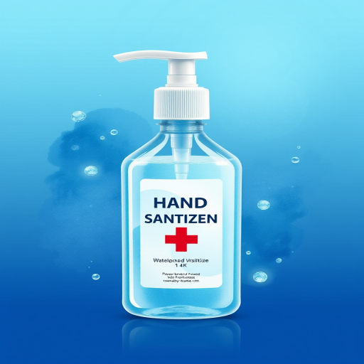 Create a high-resolution vector graphic of a hand sanitizer bottle with a pump, featuring a red cross symbol on the label, set against a gradient blue background with a subtle droplet effect, using watercolors for texture, in a top-down view with 4k clarity.