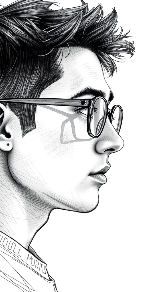 Create a detailed sketch of a young man with glasses, captured from a slight side profile view, using a high-resolution digital art style with sharp lines and textured shading, simulating a DSLR camera effect with settings of f/2.8 aperture, ISO 100, and a 50mm lens to enhance depth of field and clarity.