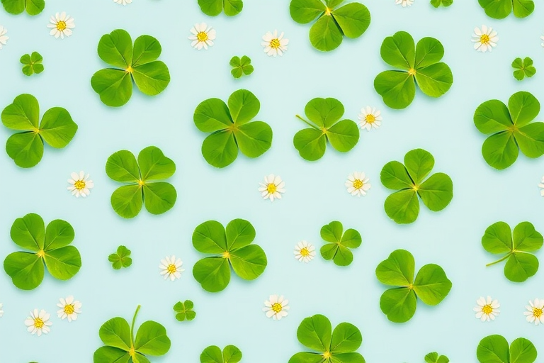Create a repeating pattern of green clover leaves and white flowers on a light blue background, shot with a Canon EOS R5, 50mm lens, f/4 aperture, ISO 100, and a soft focus style to enhance the image quality.