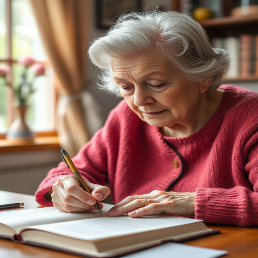 elderly woman writing in a book with a flower pen, cozy indoor setting, natural light, camera settings: ISO 200, f/2.8, 1/60s, camera view: close-up, camera style: soft focus, camera type: DSLR