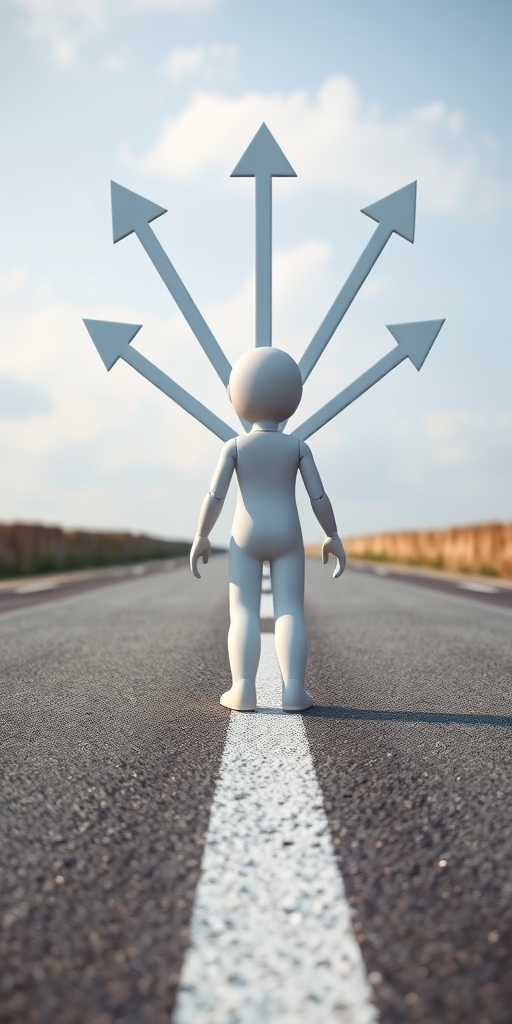 Create an image of a 3D humanoid figure standing at a fork in the road with three arrows pointing in different directions, captured with a Canon EOS R5, aperture f/4, ISO 100, 50mm lens, shot from a slightly elevated angle to enhance depth and clarity.