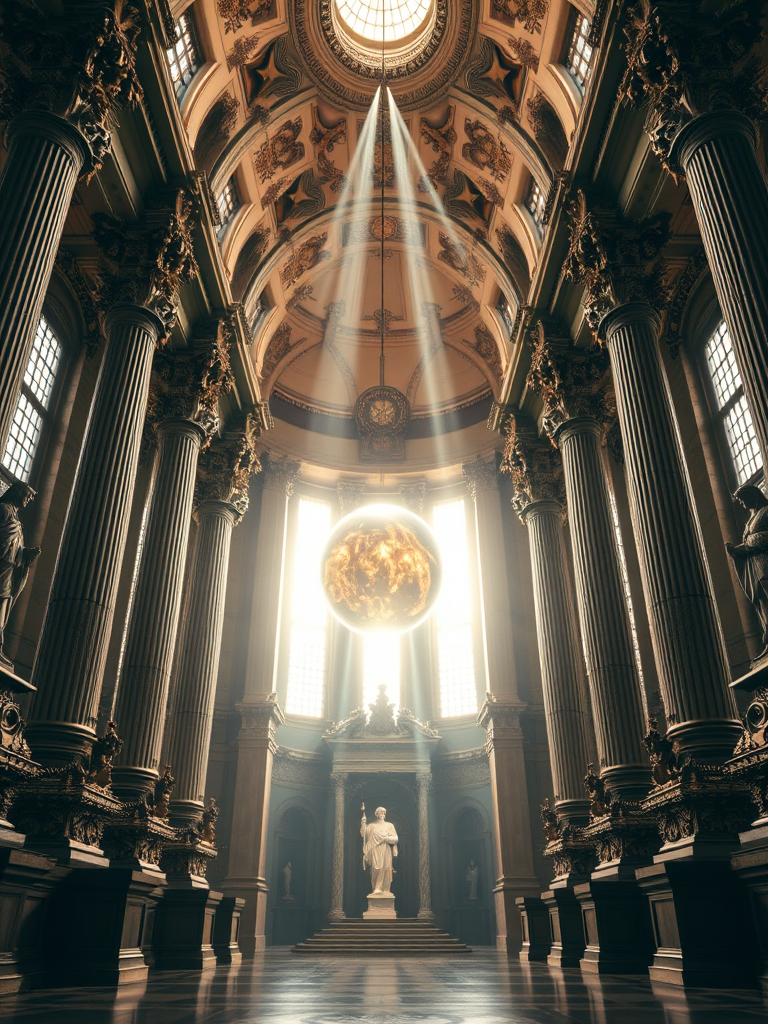 Create an image of an ornate grand hall with towering columns and intricate statues, featuring a glowing orb suspended in the center, soft beam lights filtering through tall windows, with a DSLR camera, 35mm lens, f/2.8 aperture, ISO 200, and a low angle view to enhance depth and quality.