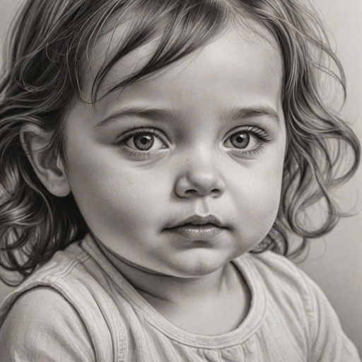 A hyperdetailed photorealistic black and white sketch of a beautiful toddler with deep red eyes, with a macro focus