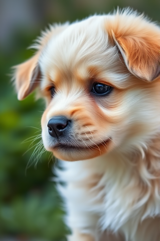 A close-up of a fluffy puppy with a focused expression, outdoors with blurred greenery in the background, captured using a DSLR camera at f/2.8, ISO 200, shutter speed 1/200s, in natural light, shallow depth of field.