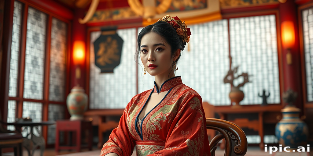 A beautiful woman in traditional East Asian attire, intricately detailed with embroidered patterns, sitting gracefully in a richly decorated room, soft ambient lighting, serene and elegant, ultra-realistic, 8K resolution
