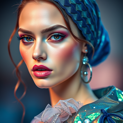 Runway capture, a beautiful model, vibrant colors, metallic textures, high fashion editorial , a 100mm macro lens to get extreme close-ups of intricate details like fabric stitching, accessories, or makeup artistry