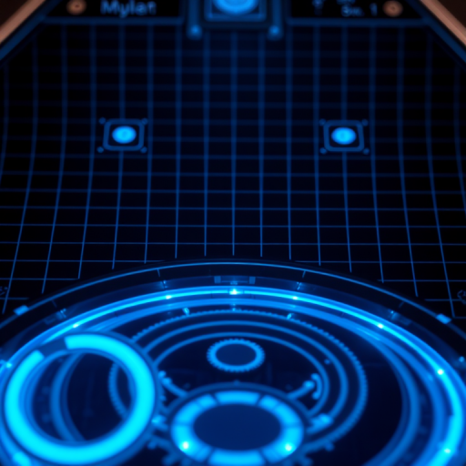 Create a futuristic interface with glowing blue circular elements and a dark grid background, using a DSLR camera at f/2.8 aperture, ISO 100, 1/60 shutter speed, top-down view, and a macro lens for enhanced detail.