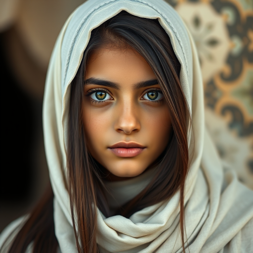 Create a portrait of a young Chaldean female with long, dark hair and captivating hazel eyes. She is wearing a white headscarf and a matching scarf draped gracefully around her neck. The background is softly blurred, focusing attention on her serene and natural expression. The overall color palette is muted and warm, enhancing the intimate and authentic feel of the portrait.