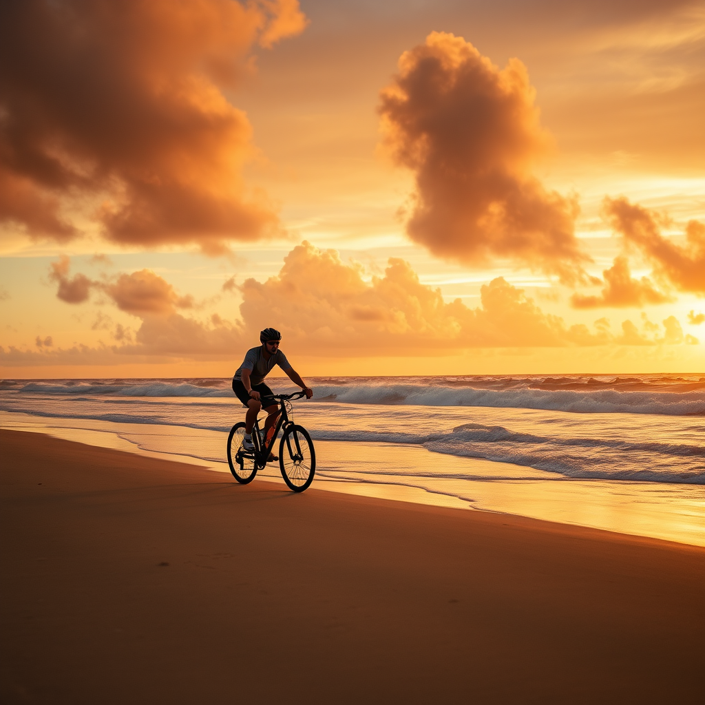 a lone cyclist riding along a sandy beach at sunset, soft waves in the background, dramatic clouds in the sky, DSLR camera, f/8 aperture, 1/200s shutter speed, ISO 100, wide-angle lens, golden hour lighting