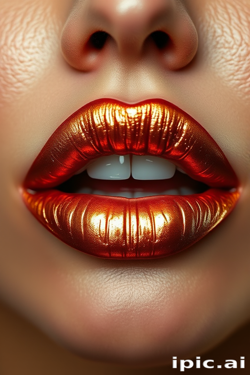 Metallic copper lips with a foiled effect, catching the light and creating a multi-dimensional appearance that's both edgy and glamorous