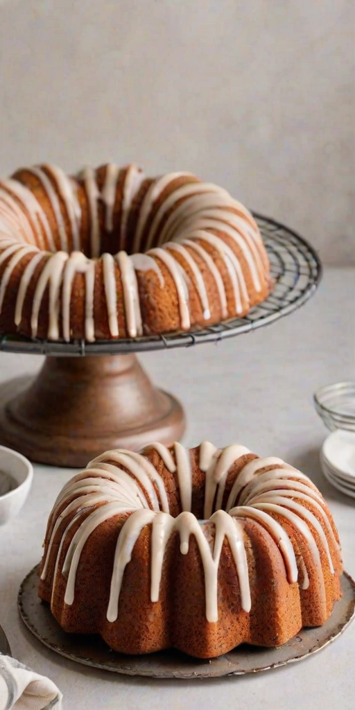 Create an image of a beautifully baked bundt cake with a spiral design, resting on a wire cooling rack. The cake should have a light glaze drizzled over the top, showcasing its texture and golden-brown color. The background should be a simple, neutral kitchen setting to emphasize the cake.